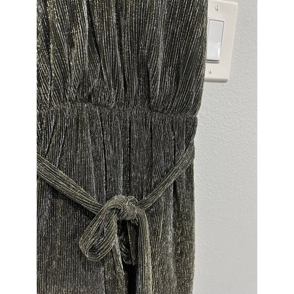 Metallic Black Gold Striped Midi Dress Adjustable Tie Waist Spaghetti Strap Sz S - Picture 5 of 10